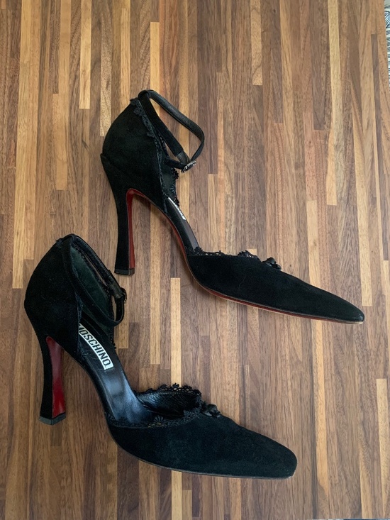 Vintage Moschino Lace Trim Suede Heels - Picture 3 of 13